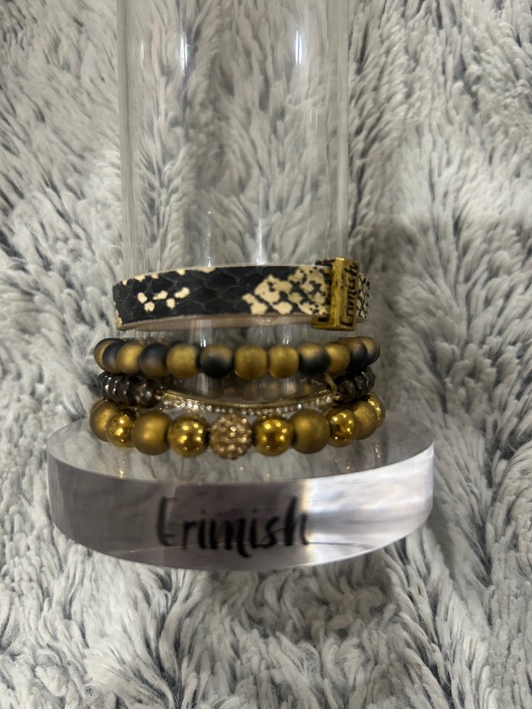 Erimish Gold And Black Mixed Bead And Leather Bracelet Stack